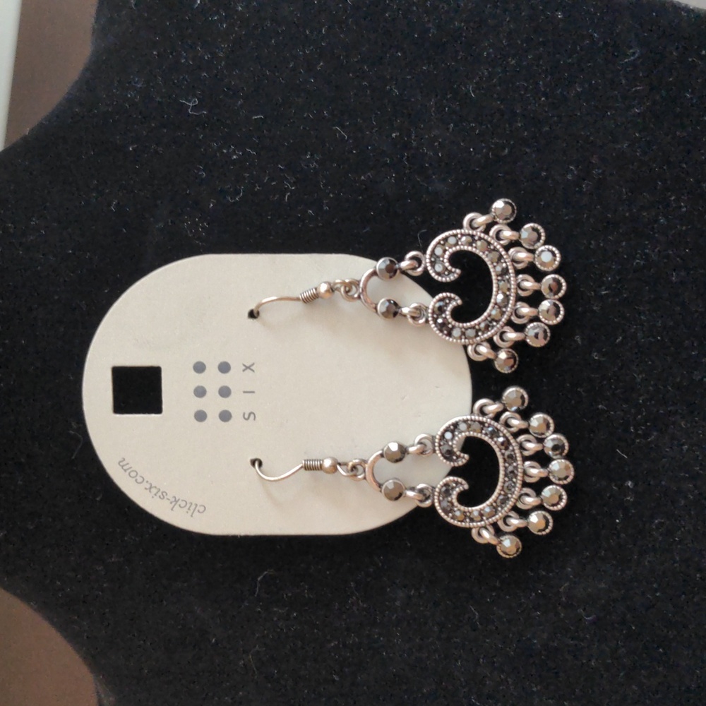 SIX Silver Boho Chandelier Earrings with Dangling Accents